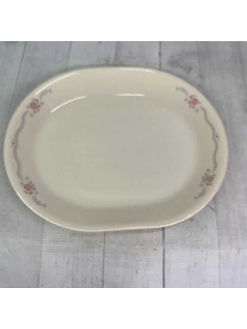 Corelle Corning ENGLISH BREAKFST Sandstone Floral Blue Pink Lines Oval Platter